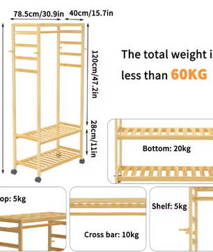 Bamboe Rollend Kledingrek – Open Kast met Hangerstang en 4 Haken