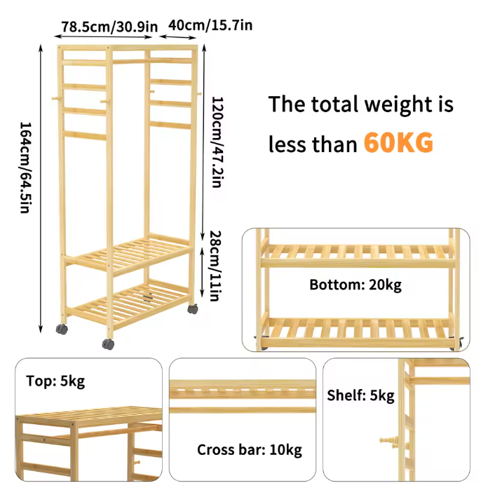 Bamboe Rollend Kledingrek – Open Kast met Hangerstang en 4 Haken