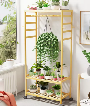 Bamboe Rollend Kledingrek – Open Kast met Hangerstang en 4 Haken