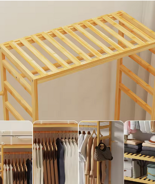 Bamboe Rollend Kledingrek – Open Kast met Hangerstang en 4 Haken