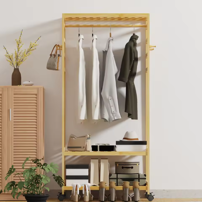 Bamboe Rollend Kledingrek – Open Kast met Hangerstang en 4 Haken