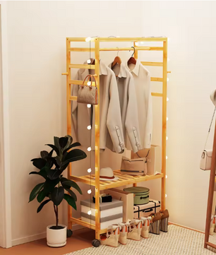 Bamboe Rollend Kledingrek – Open Kast met Hangerstang en 4 Haken