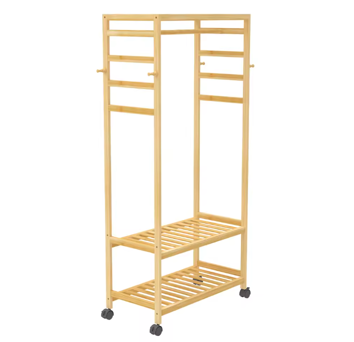 Bamboe Rollend Kledingrek – Open Kast met Hangerstang en 4 Haken