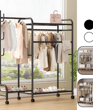 Zwaar Dubbel Kledingrek met Haken – Met Schoenenrek en Wielen