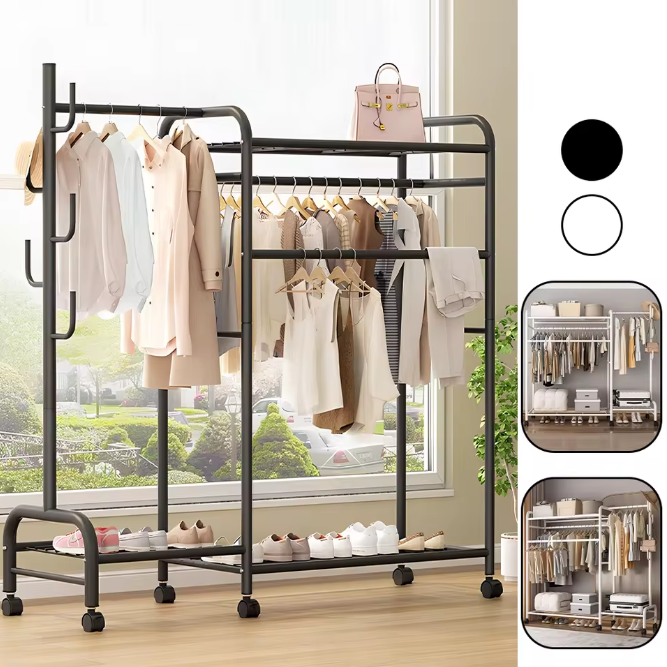 Zwaar Dubbel Kledingrek met Haken – Met Schoenenrek en Wielen