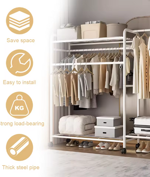 Zwaar Dubbel Kledingrek met Haken – Met Schoenenrek en Wielen