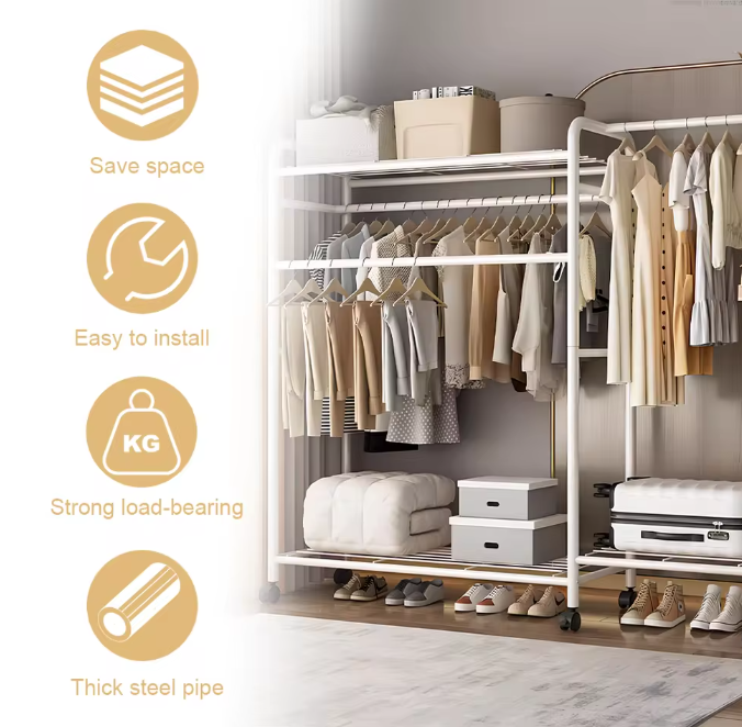 Zwaar Dubbel Kledingrek met Haken – Met Schoenenrek en Wielen