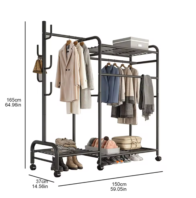 Zwaar Dubbel Kledingrek met Haken – Met Schoenenrek en Wielen