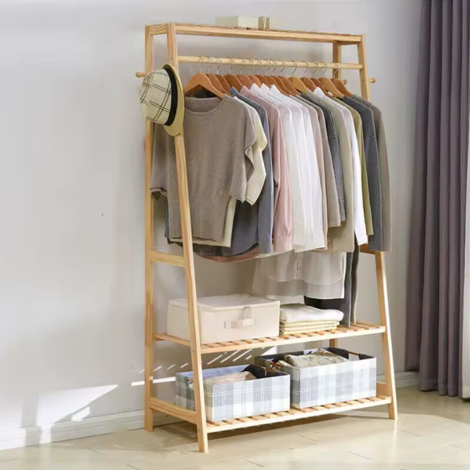 Bamboe Kledingrek met Planken en Haken – Heavy Duty Organizer voor Kleding en Schoenen