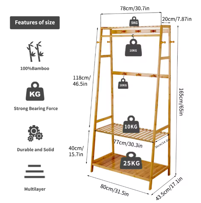 Bamboe Kledingrek met Planken en Haken – Heavy Duty Organizer voor Kleding en Schoenen