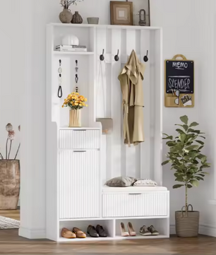 6-in-1 Kapstok met Bank, Laden en Kledingkast – Complete Halopberger