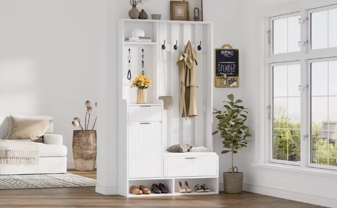 6-in-1 Kapstok met Bank, Laden en Kledingkast – Complete Halopberger