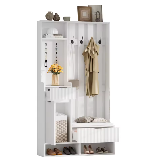 6-in-1 Kapstok met Bank, Laden en Kledingkast – Complete Halopberger