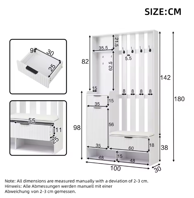 6-in-1 Kapstok met Bank, Laden en Kledingkast – Complete Halopberger