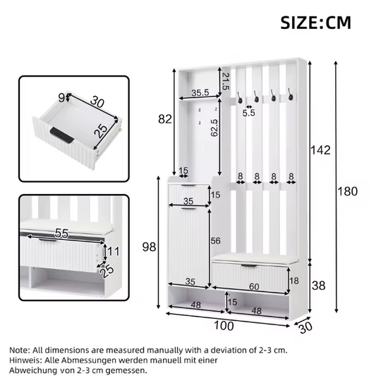 6-in-1 Kapstok met Bank, Laden en Kledingkast – Complete Halopberger