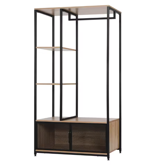 Open Houten Metalen Kapstok – Vloerstaand Kledingrek met Opbergkast en Organizer