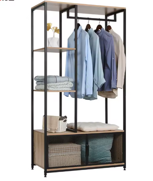 Open Houten Metalen Kapstok – Vloerstaand Kledingrek met Opbergkast en Organizer