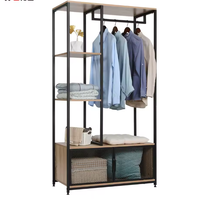 Open Houten Metalen Kapstok – Vloerstaand Kledingrek met Opbergkast en Organizer
