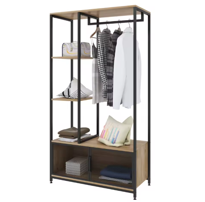 Open Houten Metalen Kapstok – Vloerstaand Kledingrek met Opbergkast en Organizer