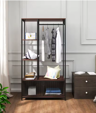 Open Houten Metalen Kapstok – Vloerstaand Kledingrek met Opbergkast en Organizer