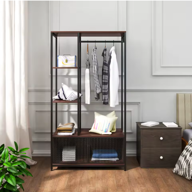 Open Houten Metalen Kapstok – Vloerstaand Kledingrek met Opbergkast en Organizer