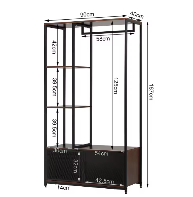 Open Houten Metalen Kapstok – Vloerstaand Kledingrek met Opbergkast en Organizer