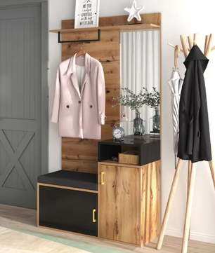 105×40×191,5 cm Gangkastset – Schoenenkast, Bank en Wandkapstok met Spiegel