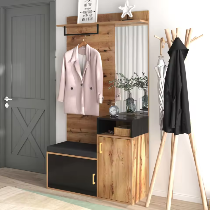 105×40×191,5 cm Gangkastset – Schoenenkast, Bank en Wandkapstok met Spiegel