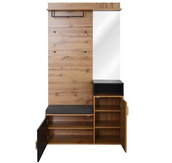 105×40×191,5 cm Gangkastset – Schoenenkast, Bank en Wandkapstok met Spiegel