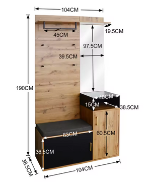 105×40×191,5 cm Gangkastset – Schoenenkast, Bank en Wandkapstok met Spiegel