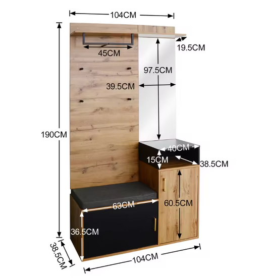105×40×191,5 cm Gangkastset – Schoenenkast, Bank en Wandkapstok met Spiegel