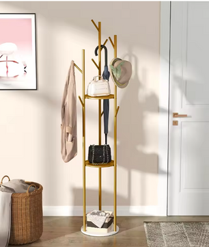 Metalen Kapstokstandaard met Marmeren Voet – 3 Planken en 9 Haken