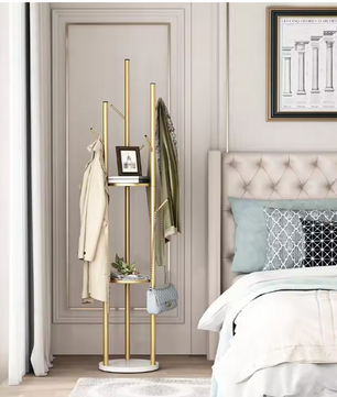 Metalen Kapstokstandaard met Marmeren Voet – 3 Planken en 9 Haken