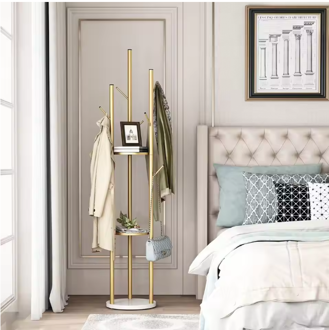 Metalen Kapstokstandaard met Marmeren Voet – 3 Planken en 9 Haken