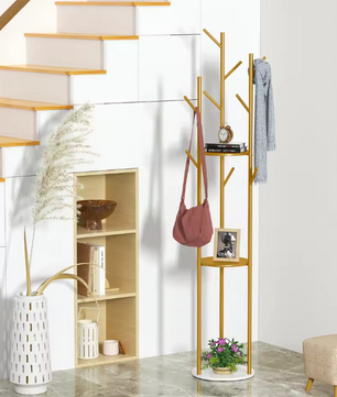 Metalen Kapstokstandaard met Marmeren Voet – 3 Planken en 9 Haken