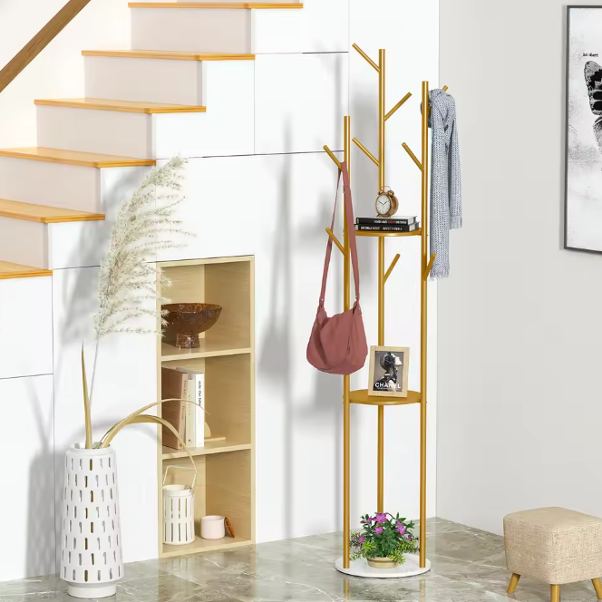 Metalen Kapstokstandaard met Marmeren Voet – 3 Planken en 9 Haken