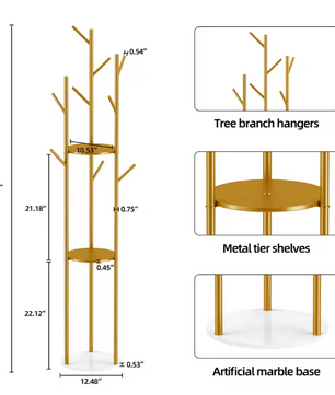 Metalen Kapstokstandaard met Marmeren Voet – 3 Planken en 9 Haken