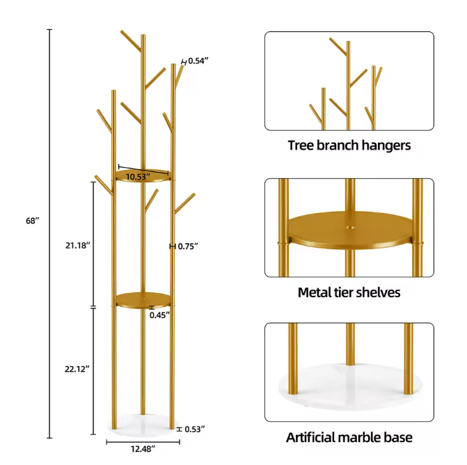 Metalen Kapstokstandaard met Marmeren Voet – 3 Planken en 9 Haken