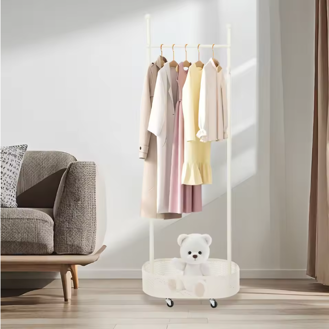 Witte Vrijstaande Kapstok met Mand – Met Wielen en Opbergruimte