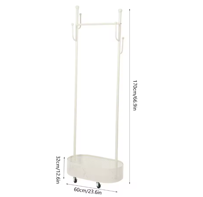 Witte Vrijstaande Kapstok met Mand – Met Wielen en Opbergruimte