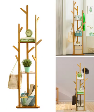 Bamboe Kapstok met 9 Haken – 3-Laags Plank en Vrijstaand Ontwerp