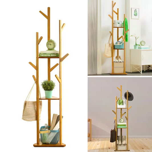 Bamboe Kapstok met 9 Haken – 3-Laags Plank en Vrijstaand Ontwerp
