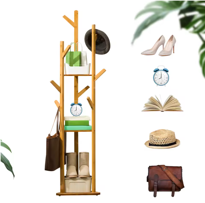 Bamboe Kapstok met 9 Haken – 3-Laags Plank en Vrijstaand Ontwerp