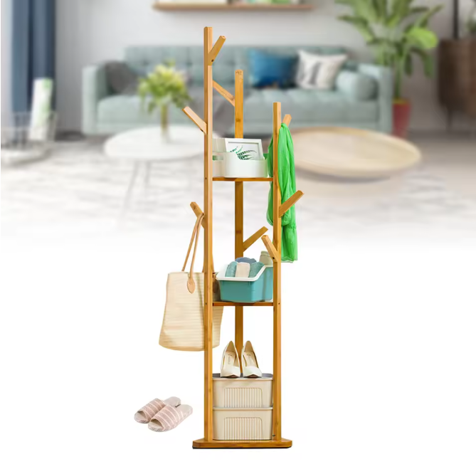 Bamboe Kapstok met 9 Haken – 3-Laags Plank en Vrijstaand Ontwerp
