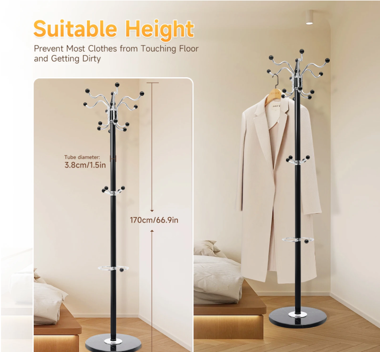 Zwart Hoedenrek met Marmeren Voet – 360° Draaibare 17 Haken