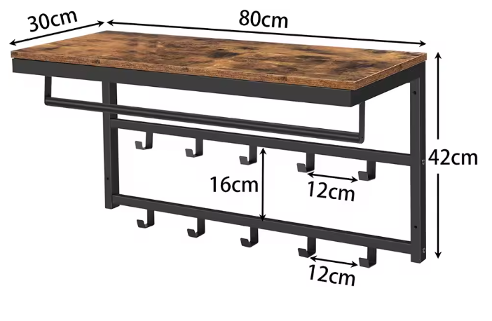 Wandkapstok met Plank – 10 Haken en Wandrek voor Hal en Woonkamer