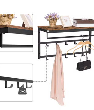 Wandkapstok met Plank – 10 Haken en Wandrek voor Hal en Woonkamer