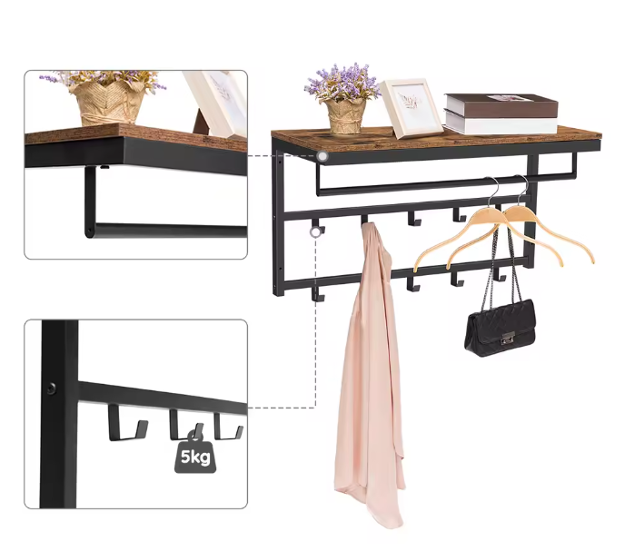 Wandkapstok met Plank – 10 Haken en Wandrek voor Hal en Woonkamer