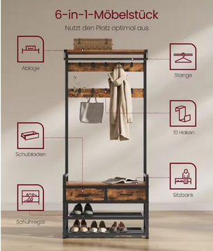 6-in-1 Kapstok met Schoenenbank – Laden, 10 Haken en Scheidbaar Ontwerp