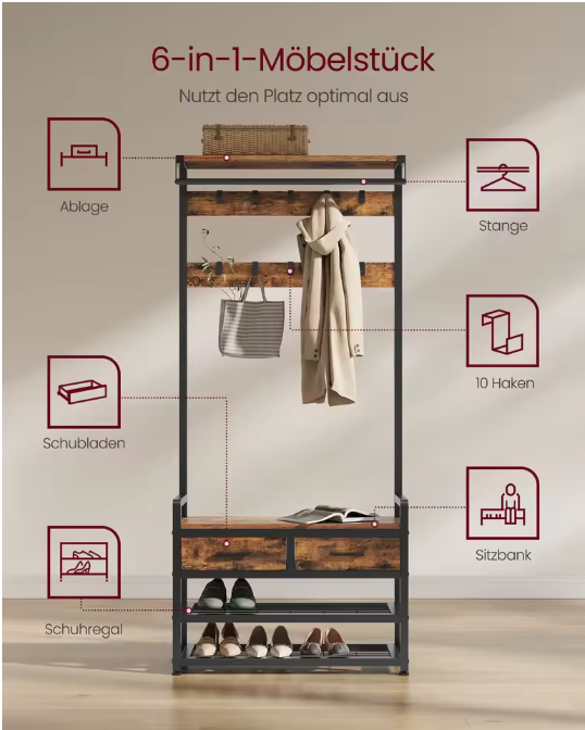 6-in-1 Kapstok met Schoenenbank – Laden, 10 Haken en Scheidbaar Ontwerp